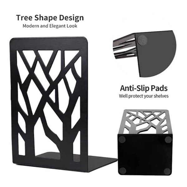 Metal Bookends, Pair, Heavy Duty, Non-Slip, Decorative Tree Design for Home, Office, Desk, White