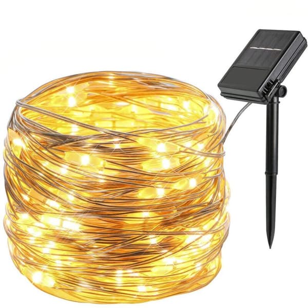 Julebelysning, 12 m, 100 LED, RGB, 8 tilstande, IP45 vandtæt, Batteri/Solpanel, Varm hvid