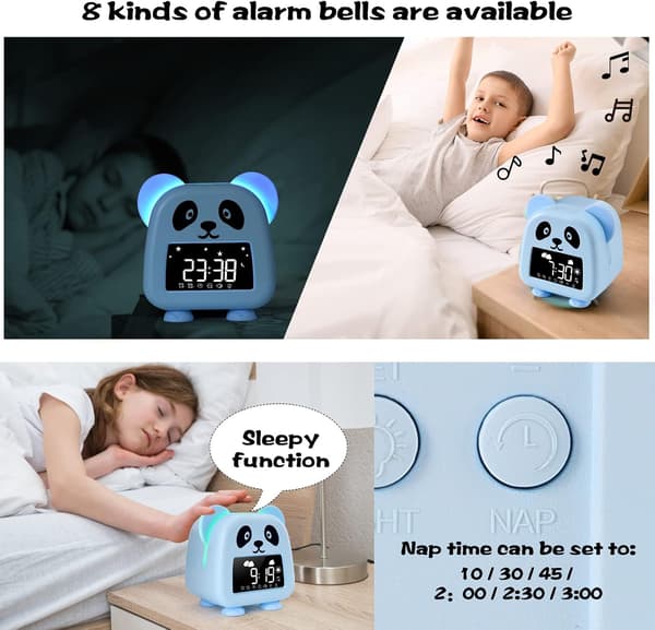 Children's Alarm Clock with Night Light 5 Colors Brightness Adjustable Lights Speaker Timed Switches Automatic Temperature Display Light Blue