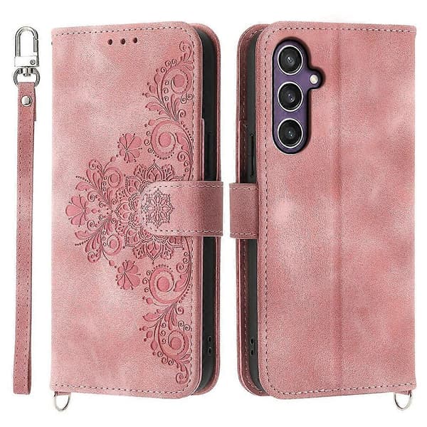 For Samsung Galaxy S25 Deksel Blomstermønster PU Lær Lommebokdeksel med Stropp - Rosa