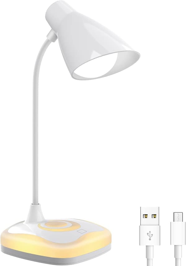 Bordlampe, USB Genopladelig Fleksibel Hals, Øjenbeskyttelse, 3 Lysstyrker
