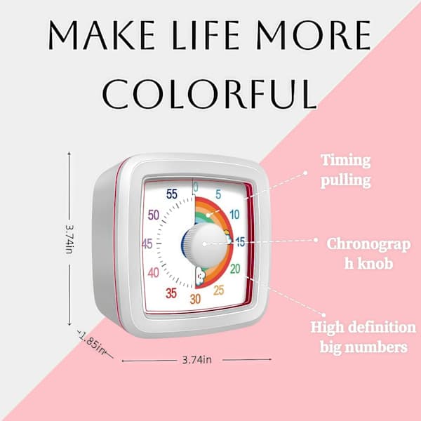 Visuel timer til børn og voksne, 60-minutters nedtællingstimer til klasseværelse, køkken, kontor, Pomodoro-timer til tidsstyring for småbørn med ADHD (hvid)