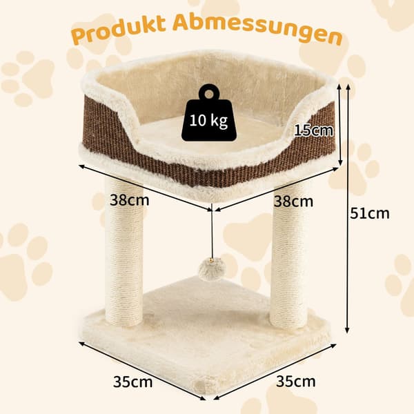 Kattetre med plysjsete, sisalstolper og ball, beige