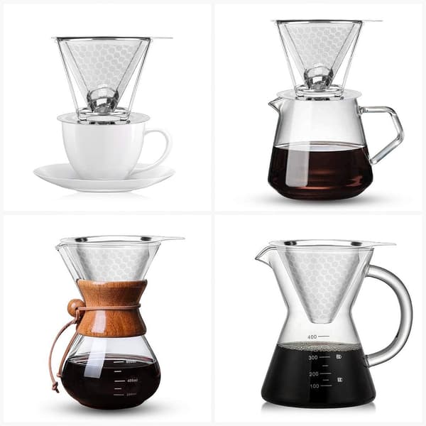 Genanvendelige kaffefiltre, permanent rustfrit stålfilter | Dobbeltlags præcisionsfilterholder | Håndkaffefilter | Kaffehældning