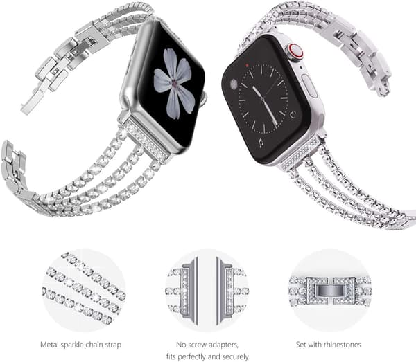 Sølv Diamant-rem kompatibel med Apple Watch 38mm 40mm 41mm Kvinder