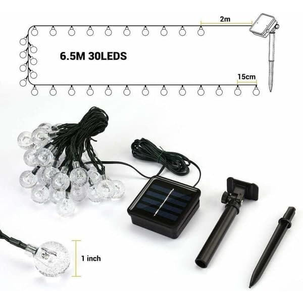30 LED Solar String Lights 6.5M, 8 Modes Waterproof Outdoor for Garden, Patio, Wedding - Warm White
