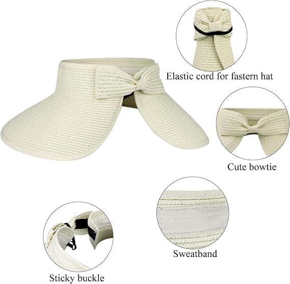 Women's Wide Brim Straw Sun Hat, Foldable Hat, Beach Hat with Ponytail and Storage Bag, Summer, Black, White, Beige (2-pack)