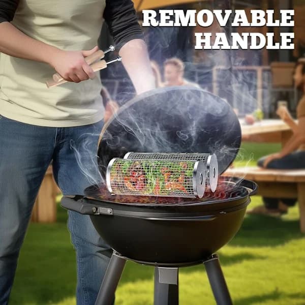 Rolling Grill Basket Set in 304 Stainless Steel with Detachable Handle, Stackable BBQ Accessory for Vegetables and Shrimp, Gift for Men Dad Husband