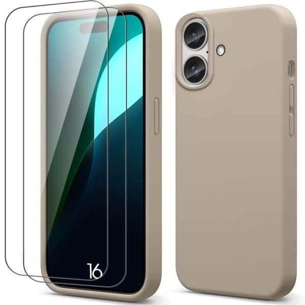 Fodral och 2 härdade glas för iPhone 16, Ultratunt skydd Stötsäkert Reptåligt Beige-FX-