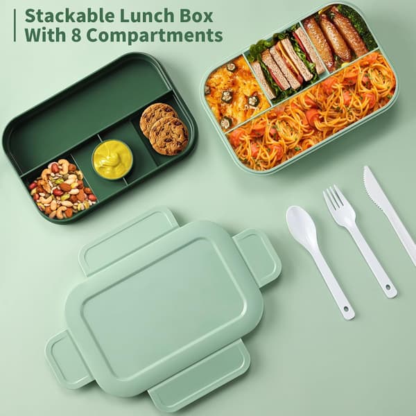 Bento Box Matbokser, 2000 ml Stor Bento Matboks for Voksne Barn, Stablebar Japansk Matboks med 8 Rom, Lekkasjesikker Måltidsforberedelse (Grønn)