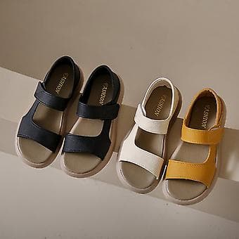 Women's Soft Flat Leather Sandals Casual Comfortable Round Toe Seaside Holiday Sandals (37 Black)