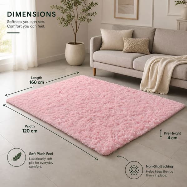 Mjuk, halkfri ryamatta – mjuk polyester 4 cm – för vardagsrum, sovrum och soffa – rosa 120 x 160 cm