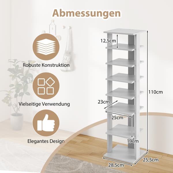 Justerbar skohylle i tre med 8 etasjer, plassbesparende, grå