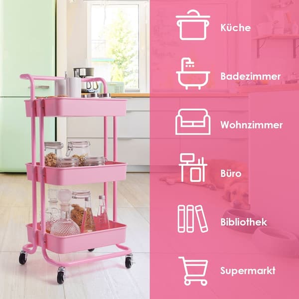 Metallvogn med 3 etasjer og hjul, rosa, enkel montering