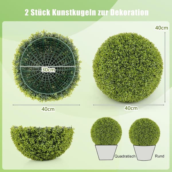 Sett med 2 buksbomkuler, 39 cm buksbomkuler, UV-bestandige, dekorative kuleplanter til hjemmet