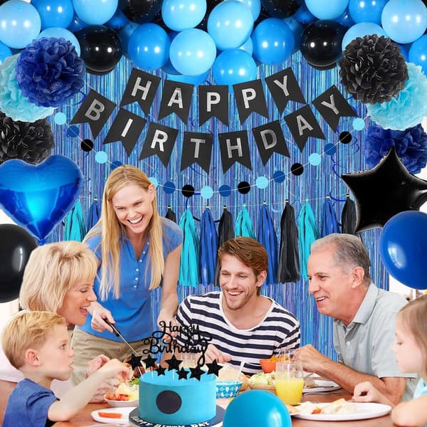 Blue and Black Birthday Decoration Set - Banner & Balloons