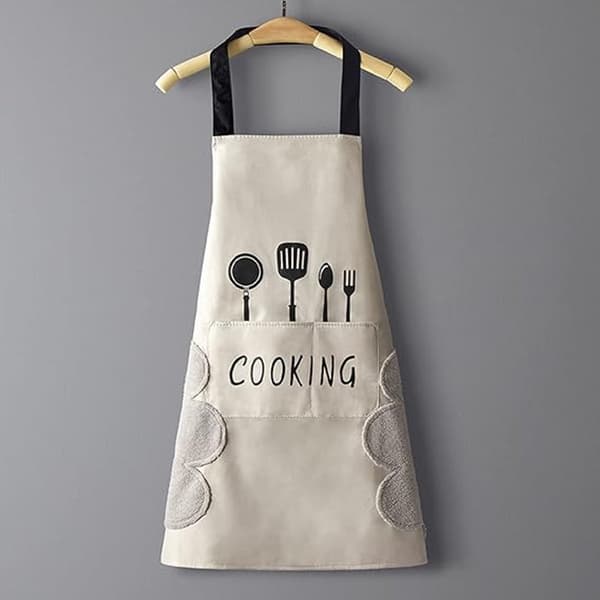 Kitchen Apron for Women, White, Waterproof and Oil-Resistant, with Towel Pocket, Unisex, Adjustable