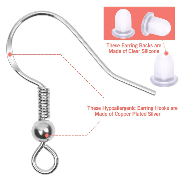 925 Silver Earring Hooks for Jewelry Making, Hypoallergenic Earring Hook Accessories, 100 Earring Hooks, 150 Ear Plugs, SQBB-FX-