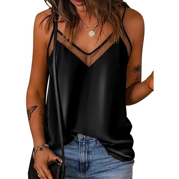 Satin Mesh V-hals Linne Dame Cami Topp Silke Camisole Uformell Bluse (stor)