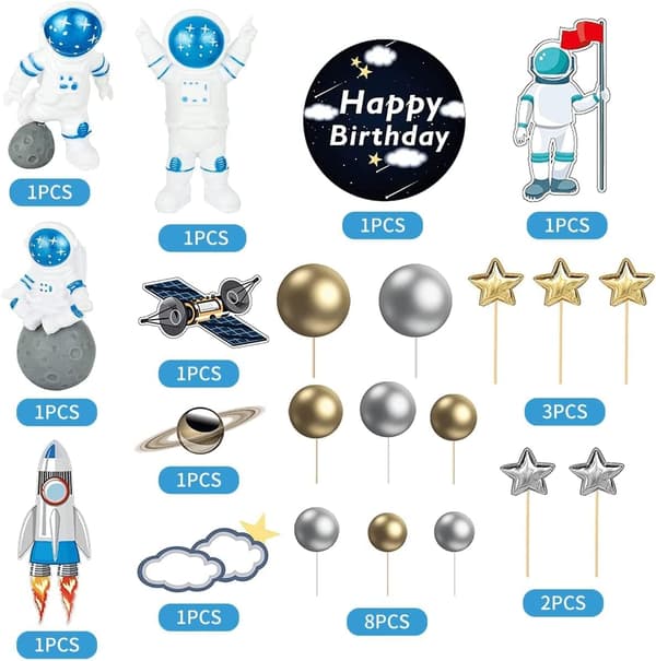 22 stk. rom-kakepynt, rom-cupcake-pynt, astronautfigurer, bursdag, dekorasjoner til temafest med verdensrommet, tilbehør