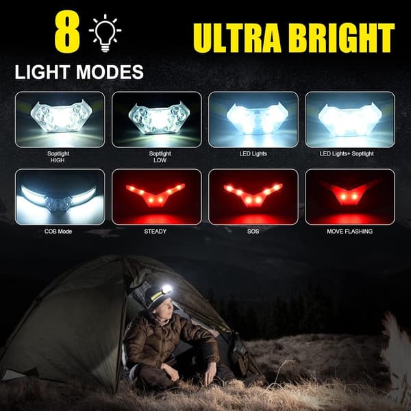 Oppladbar LED-hodelykt 270° bred stråle COB-hodelykt med rødt baklys, 8 moduser vanntett hodelykt for camping, løping, fotturer