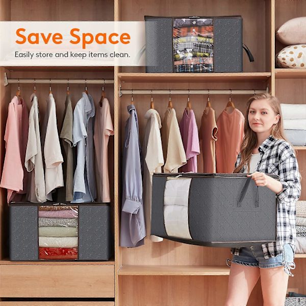 Large Capacity Clothes Storage Bag Reinforced Handle Thick Fabric for Comforters Bedding Foldable with Sturdy Zipper 3 Pack Grey