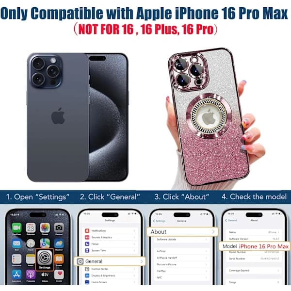 Magnetisk glitterdeksel til iPhone 16 Pro Max, MagSafe-kompatibel, slank, støtsikker og ripebestandig deksel med ,A