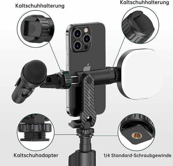 Tripod Mount, Mobile Phone Holder Tripod With 2 Cold Shoe Mounts, 360 Degree Rotation Smartphone Tripod Adapter