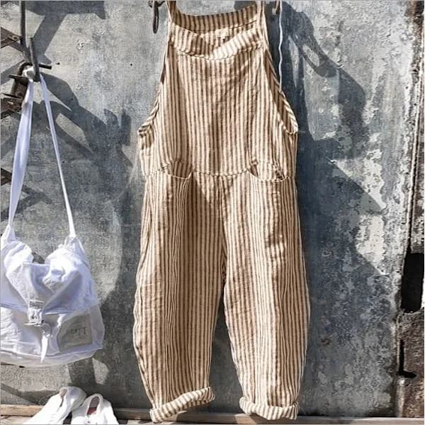 Dam Bomull Linne Randig Jumpsuit Overall Playsuit Röd Röd 2XL 2XL
