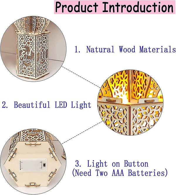 3 dele DIY Ramadan trælampepynt, Mubarak Ramadan LED-lampe til Ramadan-dekorationer