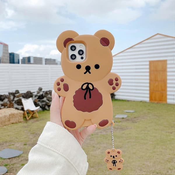 Cute Teddy Bear Phone Case Compatible with iPhone 12, Soft Shockproof Cartoon Cover with Keychain for Girls[JUN]