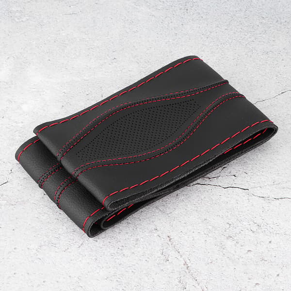 38 cm / 15 inch Leather Steering Wheel Cover, Hand-stitched, Embossed with Needle and Thread, Universal, Black, Red