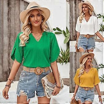 Dame Kortermet V-hals Topp Basic Oversize Uformell Løs Tunika Fest Bluse Topper Dame Sommerskjorte Sommerbluse (S Gul)