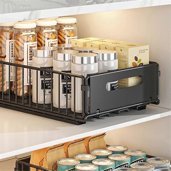 Extendable Kitchen Storage Shelf with Sliding Iron Wire Drawer, Organizer for Spice Bottles, Snacks, Cabinets, Countertop, Black