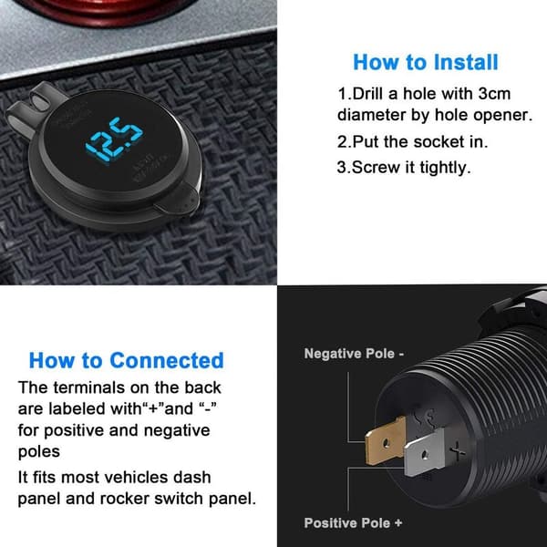 12V USB-uttak, lading 3.0 Dobbel USB-billader med tenningsbryter og voltmeter for 12V/24V bil lastebil