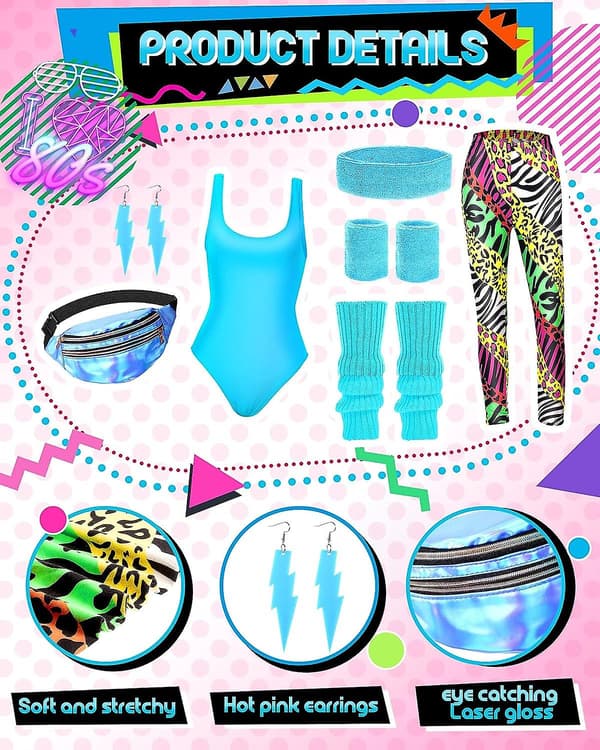80'er Aerobics Sæt med Dragt, Leggings & Zebra-mønstrede Tilbehør [JUN] Sød Zebra Medium Cute Zebra Medium