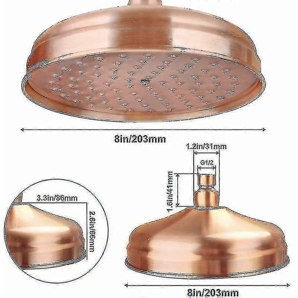 Copper Shower Head, 20 cm (8 inch) Diameter, High Pressure Fixed Shower Head with Adjustable Angle Shower Head Rain Shower Head - Gold