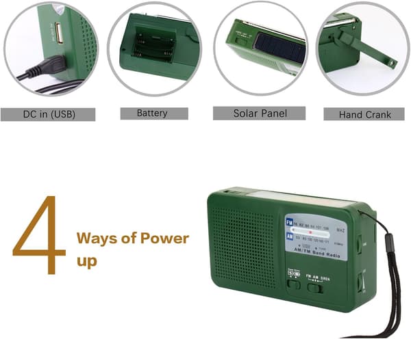 Bærbar Nødradio med Solcellepanel, Håndsveiv og Selvoppladende USB-Batteri - Grønn