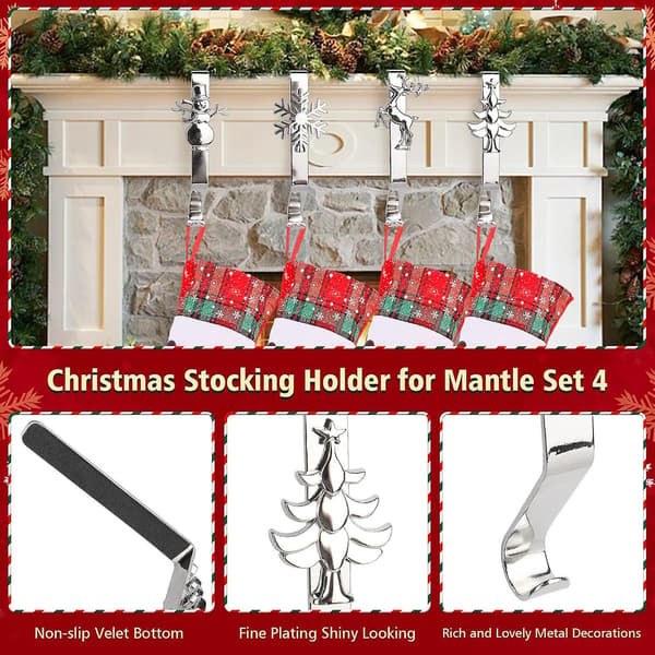 4-pack Christmas Stocking Holders for Mantel, Non-slip Fireplace Stocking Hangers for Christmas Party Decorations Silver