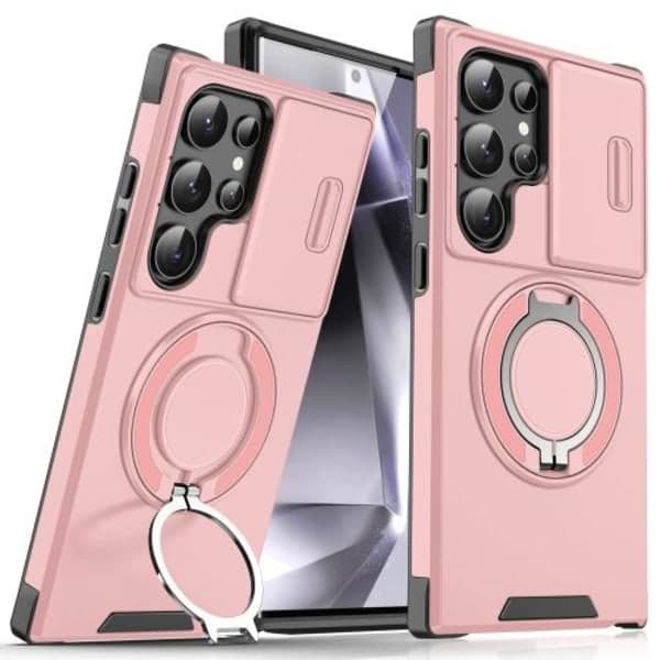 Samsung Galaxy S25 Ultra 5G-deksel med skyvbart kameradeksel og ringholder, rosa Rosa