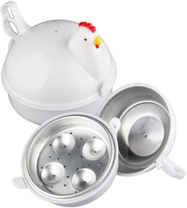 Eggdamper for egg og egg, mikrobølgeovn eggkoker 13,5 * 14 * 14 cm, hvit, 4 egg, kan brukes til oppvarming av mat