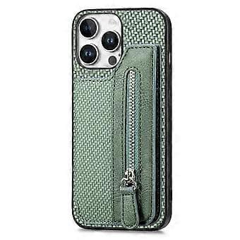 Compatible Case for iPhone 16 Pro Max Leather+PC+TPU Wallet Case with Zipper (Green)
