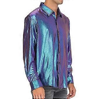 Disco-skjorter til mænd, skinnende langærmet skjorte (3XL Blå)