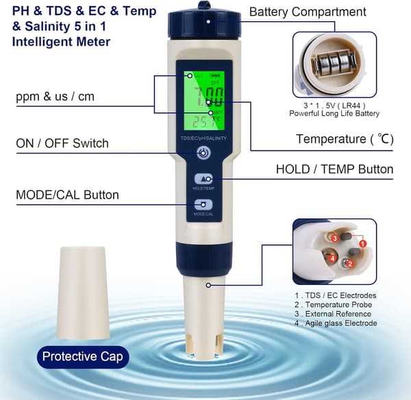 5-in-1 elektroninen pH-mittari, pH-mittari taustavalaistulla LCD-näytöllä