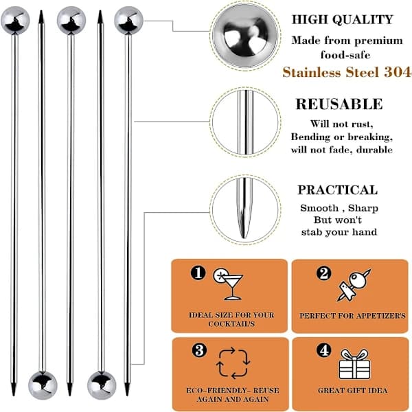 Cocktail Picks, Reusable Stainless Steel Toothpicks for Martini Olives, Drinks, Appetizers, and Parties, Silver 12-Pack