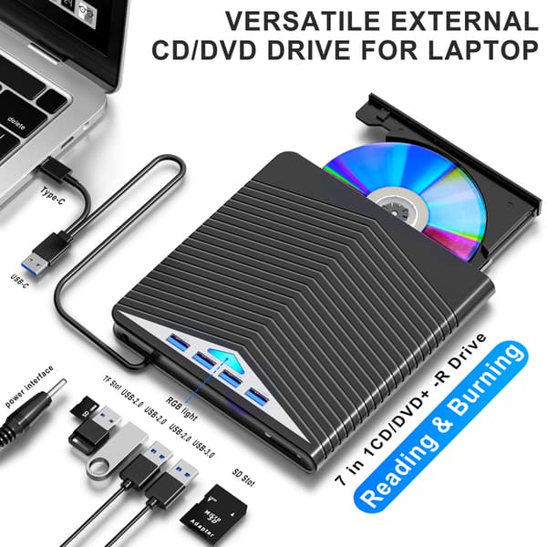 7-i-1 Brenner Ekstern DVD, USB 3.0 Type-C Kompatibel med Windows XP/7/8/10 /Mac OS 8.6 eller nyere