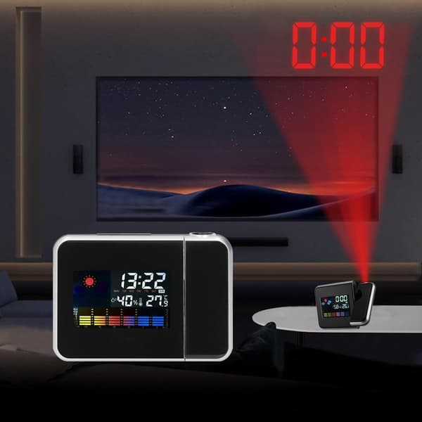 Projection Alarm Clock, Weather Clock Bedside Table with 180° Projector, LCD Digital Clock with 12/24H for Bedroom