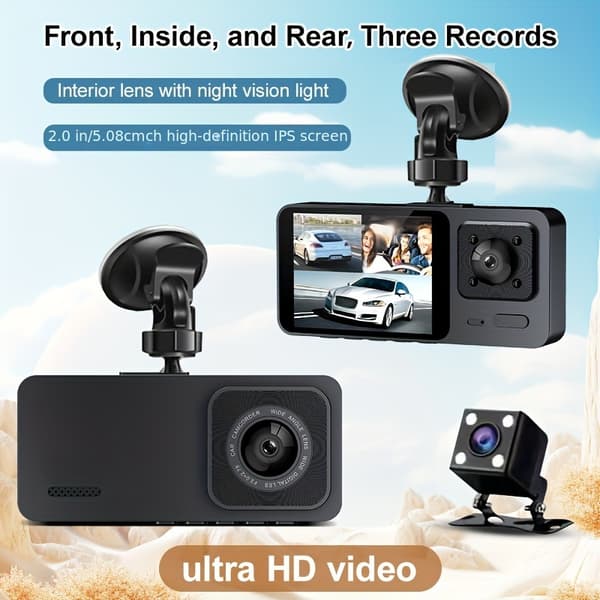 1080P Dashcam med tydelig nattesyn, loop-video, opptak i flere vinkler, 2\" IPS-skjerm