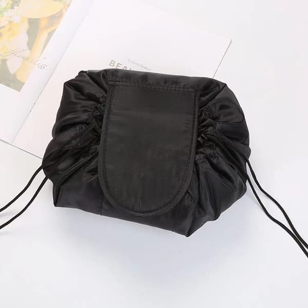 Drawstring Makeup Bag Compatible with Women - Travel Makeup Organizer with Brush Compartment - Black