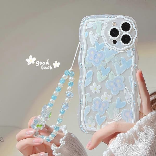 For iPhone 13 Pro Max Transparent TPU Mobilskall Hjerteform Sommerfuglmønster Mobilskall med Perlekjede
